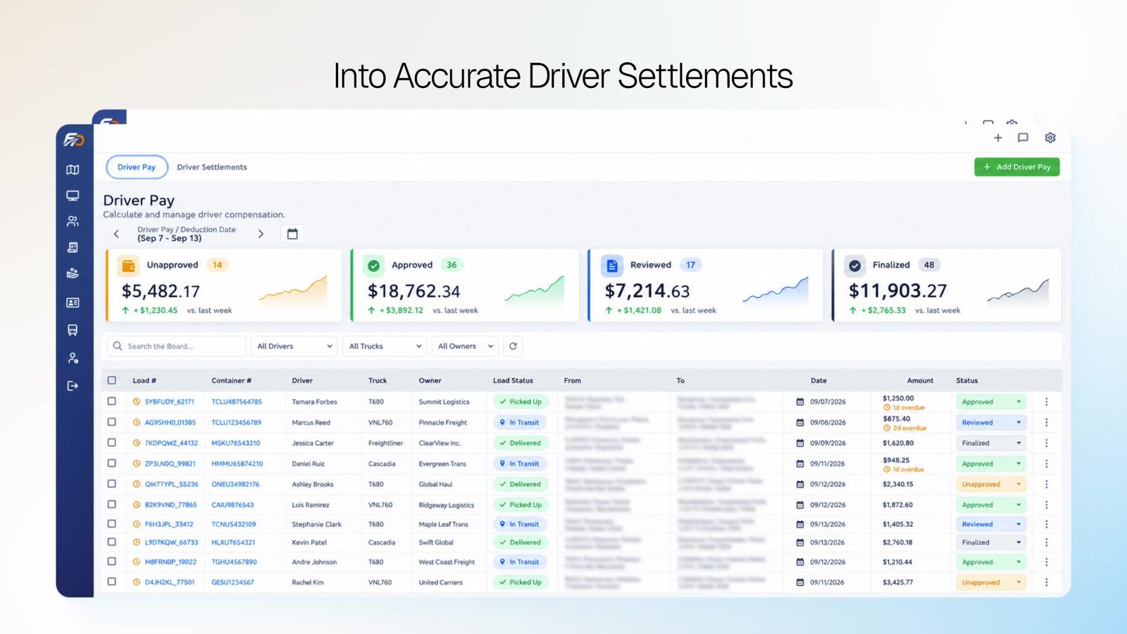 FreightOperator driver pay board with settlement totals and load-level pay status