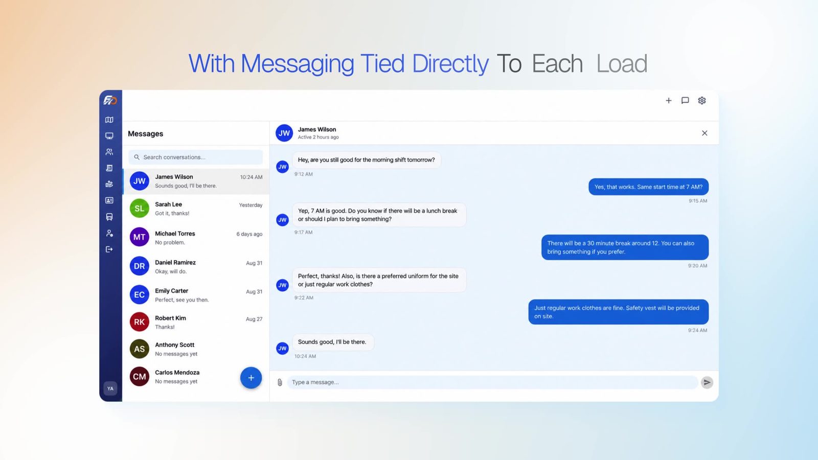 FreightOperator load messaging with driver conversations tied to each load