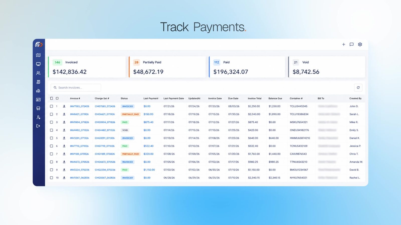 FreightOperator payments screen with invoiced, partially paid, and paid totals