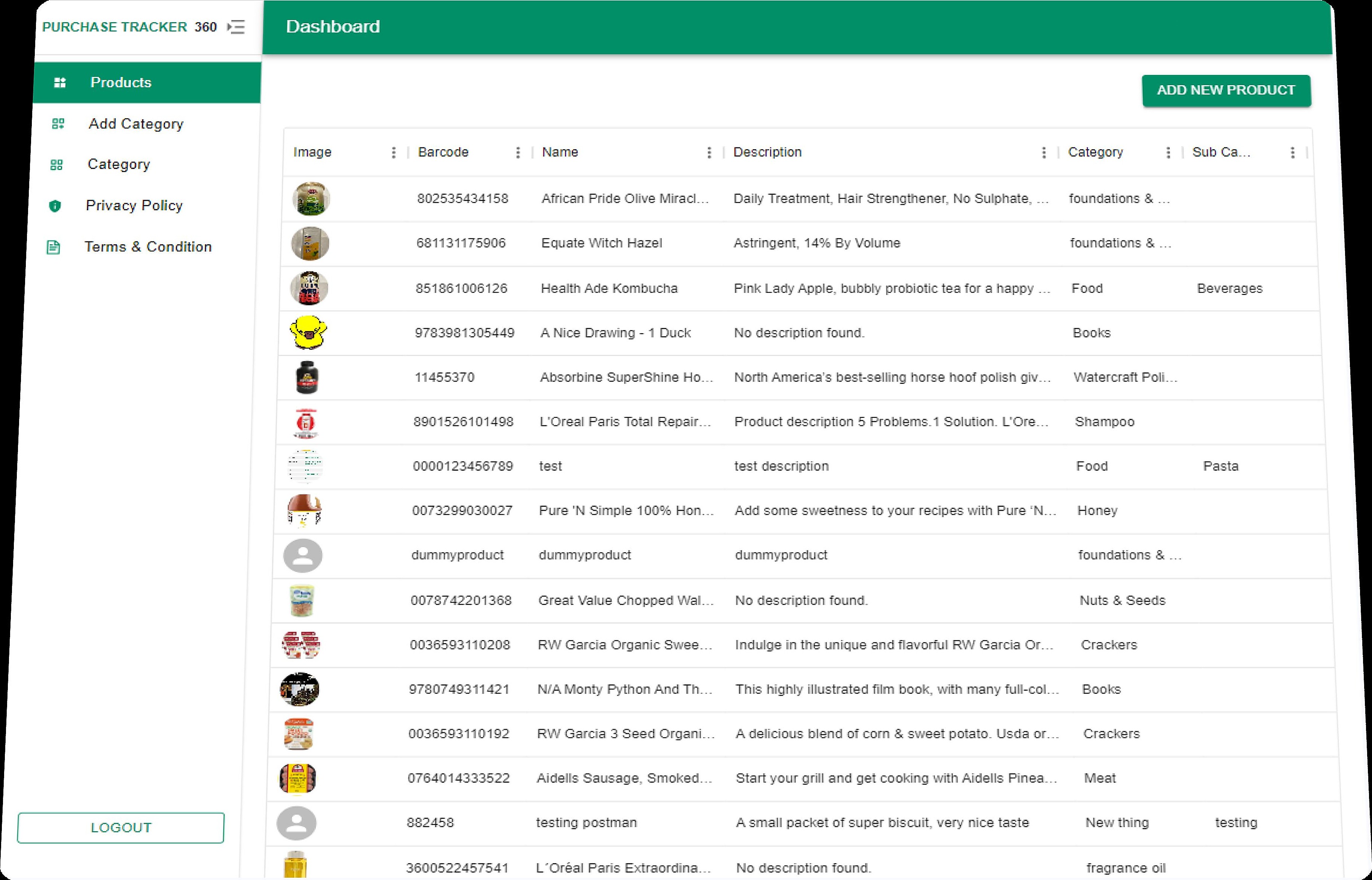 Web dashboard — Product catalog